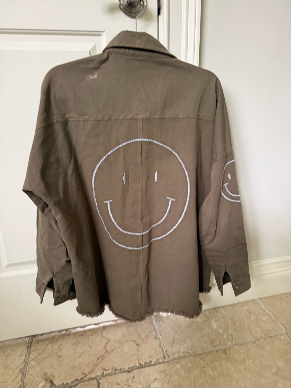 Hand-Painted Smiley Face Olive Green Jacket